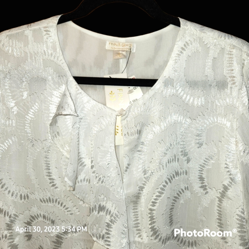 FINN & GRACE Silky White Semi Sheer Long Sleeve Blouse Burnout Pattern]